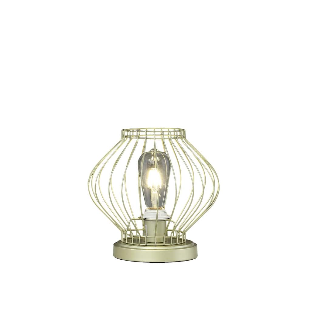 Gold Metal Cage Bedside Lamp with Drum Shade and In Line Switch - 9.75” x 9.75” x 9.5” (D x W x H)