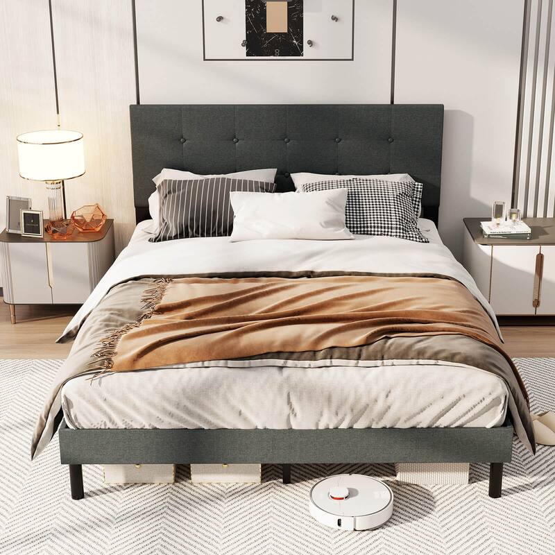 Costway Queen Size Bed Frame Linen Upholstered Platform Bed Frame with