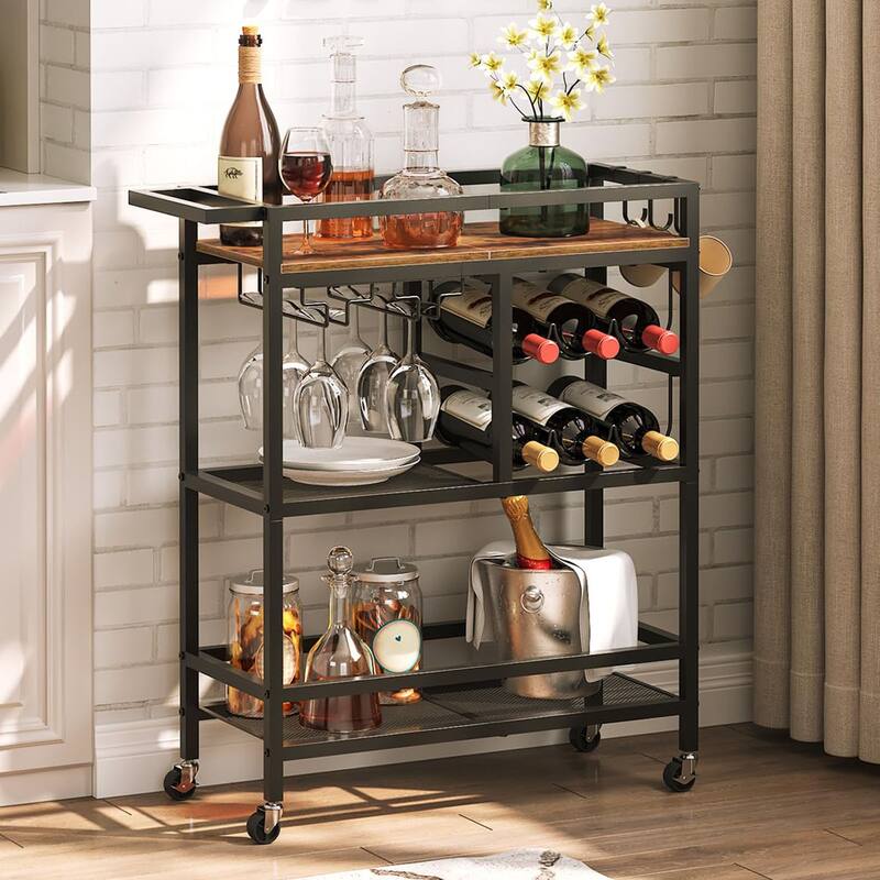 3-Tier Home Bar Serving Cart with Handle, Wine Rack, and Glass Holders