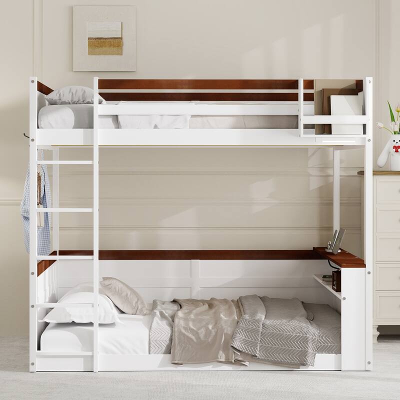 Queen Size Pinewood Bunk Bed with Built-in Shelves, Storage Box, LED Lights and USB Charging Station