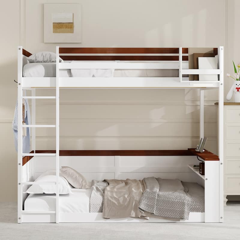 Queen Size Wooden Bunk Bed with Built-in Shelves, Storage Box, 3 Metal Clothes Hooks, Ladder, LED Light and USB Charging Station