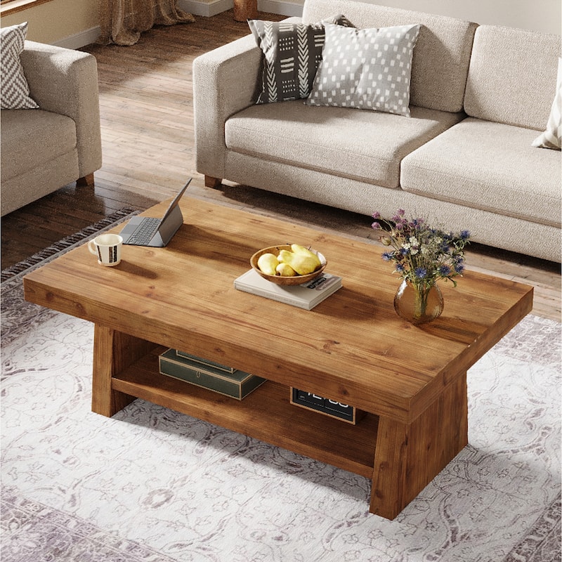 Solid Wood Coffee Table with Storage Shelves, 2 Tier Center Table for Living Room, Farmhouse Style