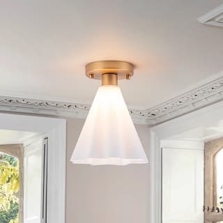 Vintage 1-Light Glass Cone Flush Mount Ceiling Light - Brass
