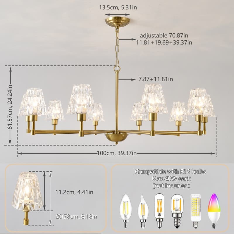 Mid Century Gold Chandelier Modern Pendant Light with Glass Lampshade