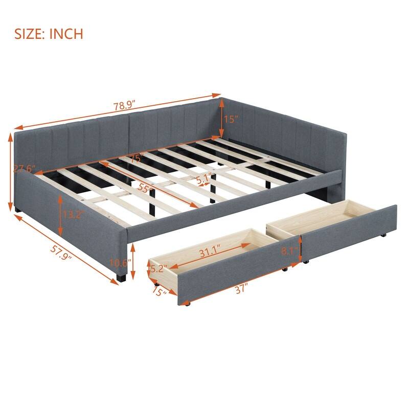 Full Size Upholstered Daybed with 2 Storage Drawers Sofa Bed Frame No Box Spring Needed, Linen Fabric