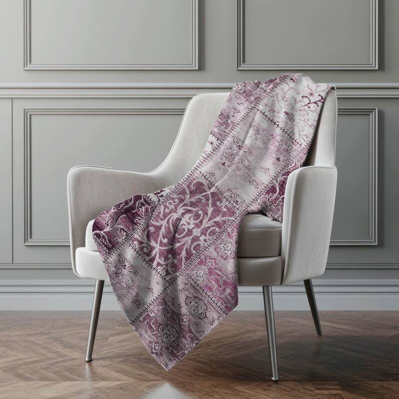 Premium Machine Washable Traditional Patchwork Sherpa Throw Blanket - Burgundy - 4'2" x 5'10"