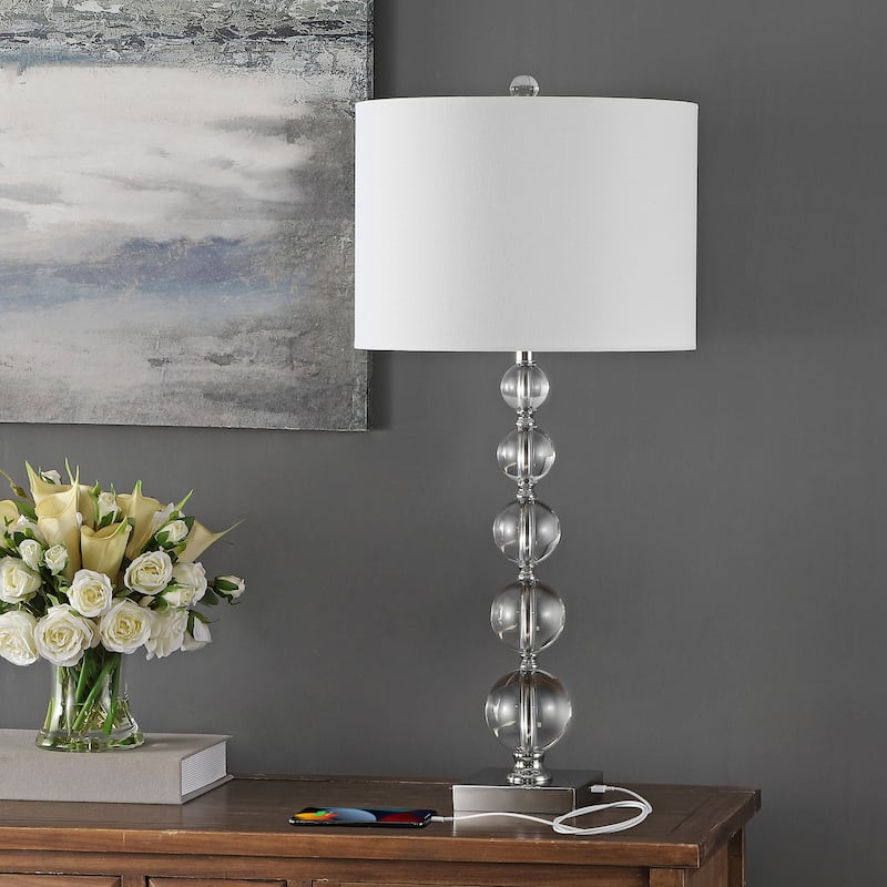 SAFAVIEH Lighting 29 inch Liam White Shade Stacked Crystal Ball Table Lamp - 14" W x 14" D x 30" H