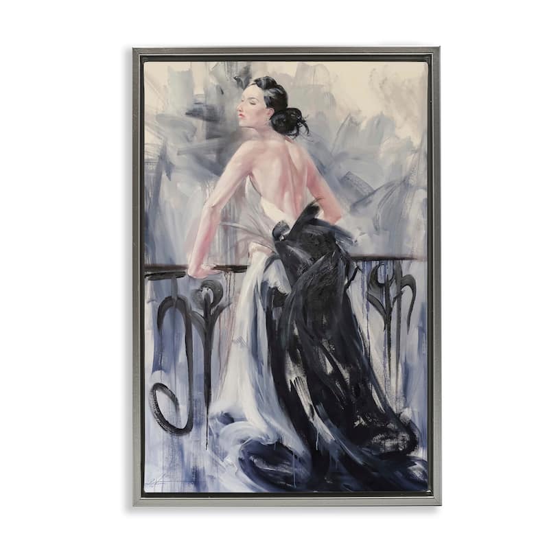 Stupell Elegant Woman Against Railing Framed Floater Canvas Wall Art Design By Lucille Lee - 21 x 31 - Grey