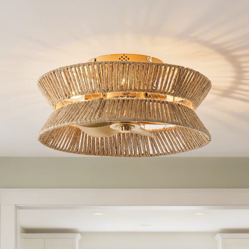 18-inch Boho Distressed Gold Chandelier Ceiling Fan with Remote and Hand Hemp Rope Shade - 17.7" W x 8.19" H