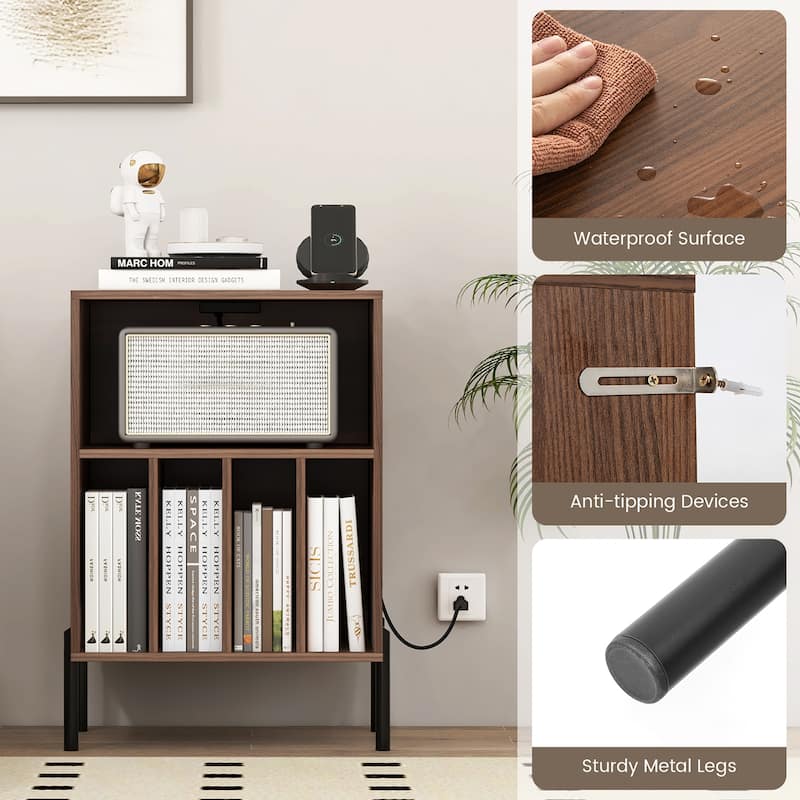 Gymax Record Player Stand w/Charging Station 5 Storage Compartments