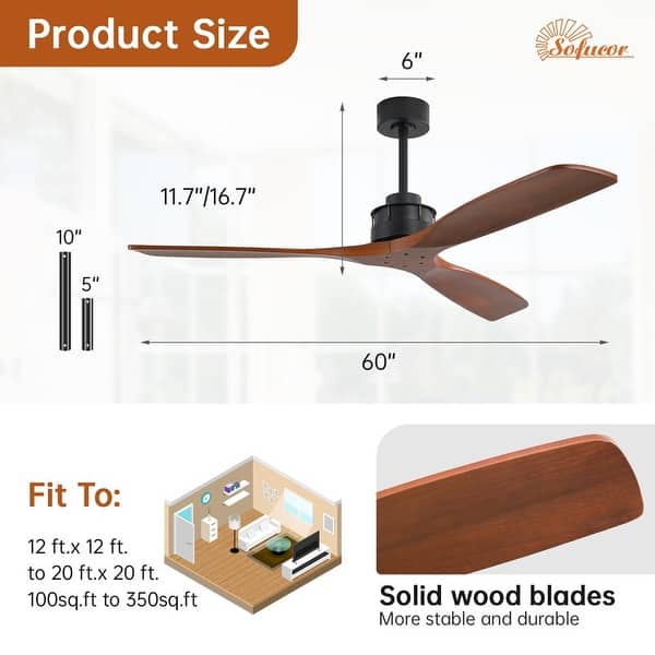 dimension image slide 18 of 29, Sofucor 42"/48"/ 52"/60"Noiseless Walnut Wood Ceiling Fan with Remote Control, Integrated Light Optional