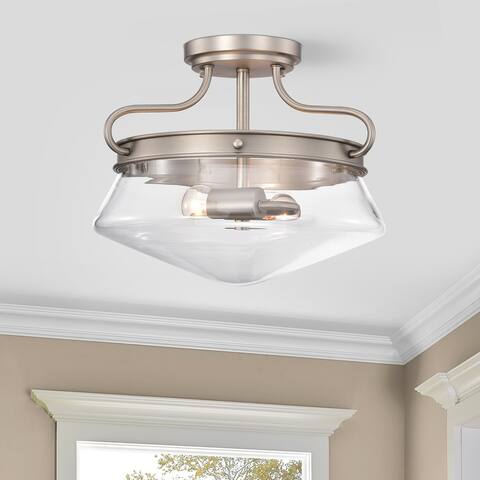 Tayla Matte Satin Nickel 2-Light Metal & Glass Bowl Shade Semi-Flush Mount