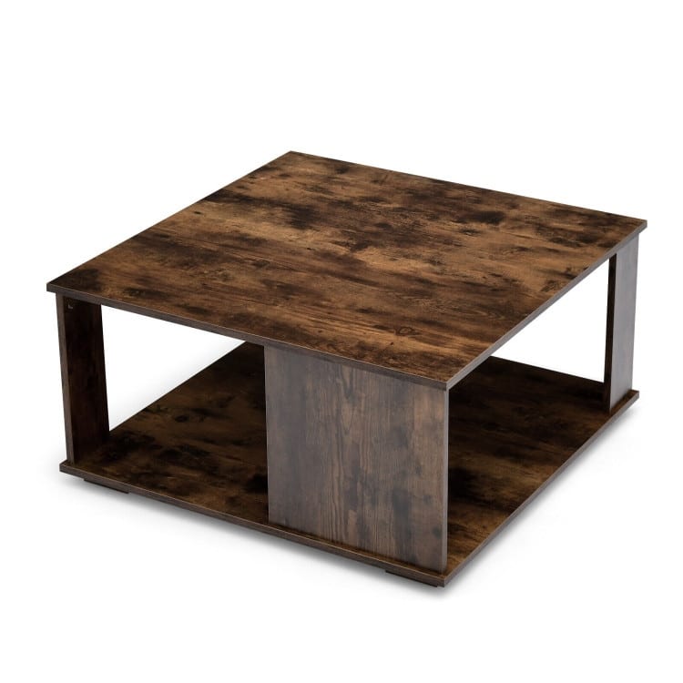 2 Tiers Square Coffee Table with Storage and Non-Slip Foot Pads-Rustic Brown - 31.5" x31.5" x 16"(L x W x H)