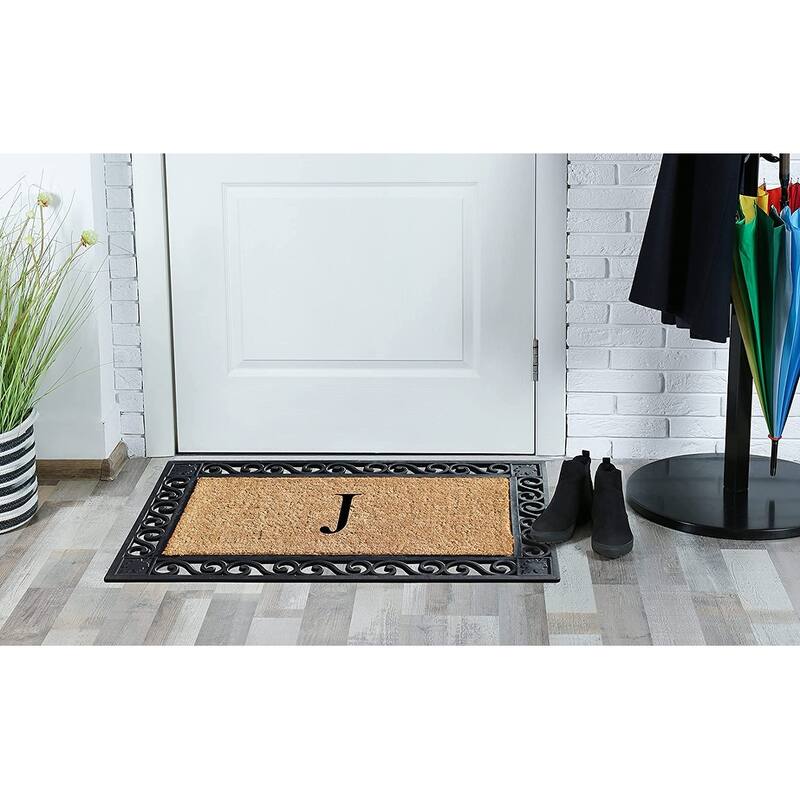 A1HC Rubber and Coir Maple Leaf, Heavy Weight Durable Monogrammed Doormat, 23"X38" Black