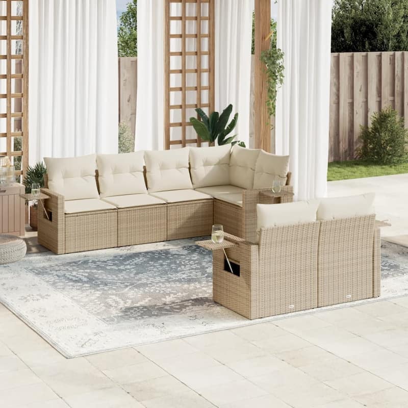 vidaXL Patio Sofa Set with Cushions Outdoor Furniture 7 Piece Poly Rattan - Beige - 24.4 x 33.5 x 27.2