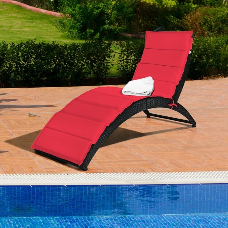 Folding Patio Rattan Portable Lounge Chair Chaise with Cushion - 64'' x 25'' x 37'' (L x W x H)