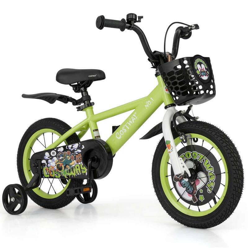 14'' Child Bike Kids Bicycle w/ Adjustable Height &Training Wheels - Green