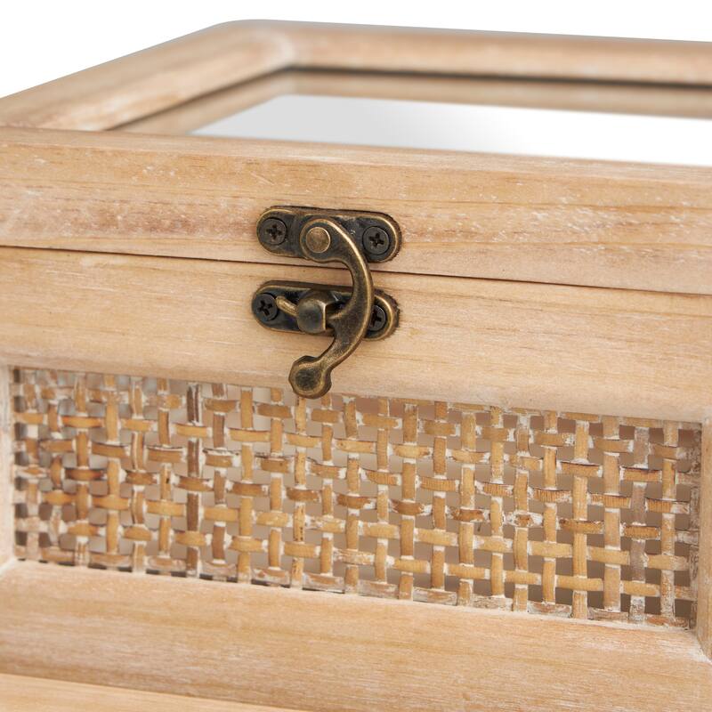 Light Brown Wood Glass Top Decorative Box with Rattan Side Panels and Bronze Hook Closures (Set of 2)