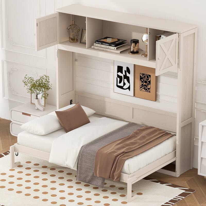 Full Size Murphy Bed Space Saving Cube Cabinet Bed Frame with Top Storage Bookcase Cabinets, Foldable Platform Bed Frame