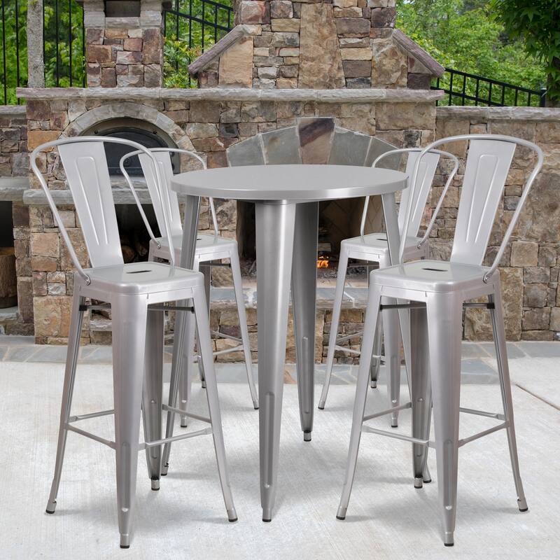 30'' Round Metal Indoor-Outdoor Bar Table Set with 4 Cafe Stools - 30"W x 30"D x 41"H