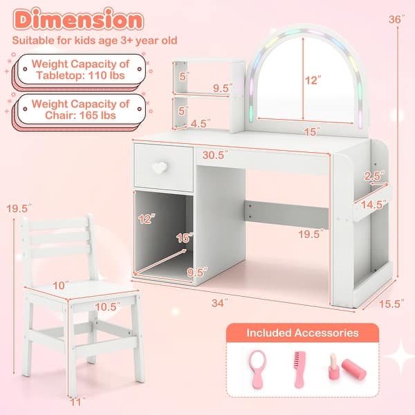 dimension image slide 1 of 2, Gymax Kids Vanity Desk w/ Lights Open Bookshelf Storage Drawer