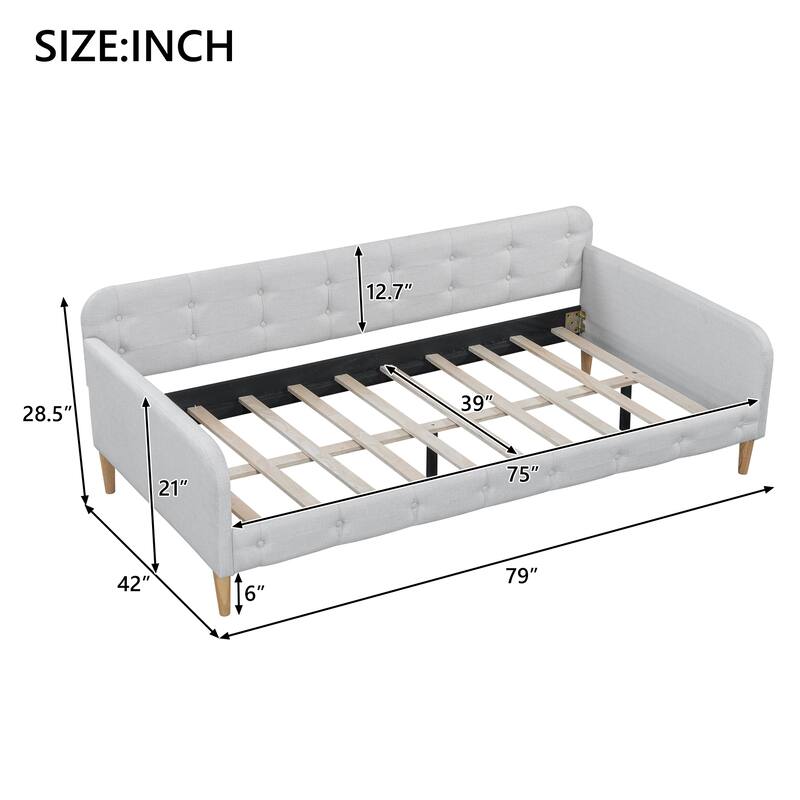 Modern Twin Size Daybed Bed Frame, Linen Upholstered Platform Bed with Wood Slatted and Button Backrest Headboard