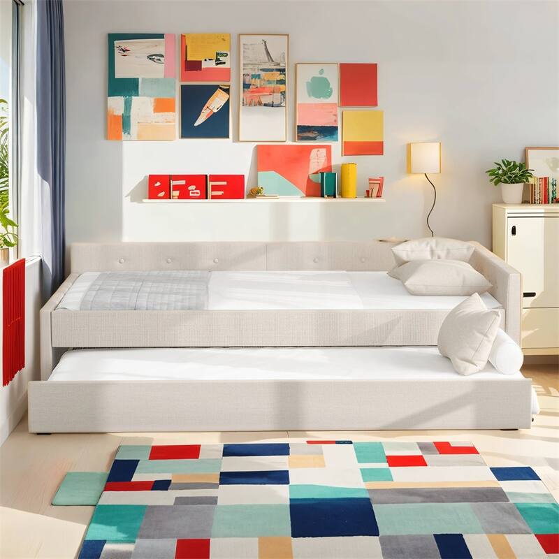 Full Size Upholstered Platform Bed with USB & Twin Size Trundle, Beige