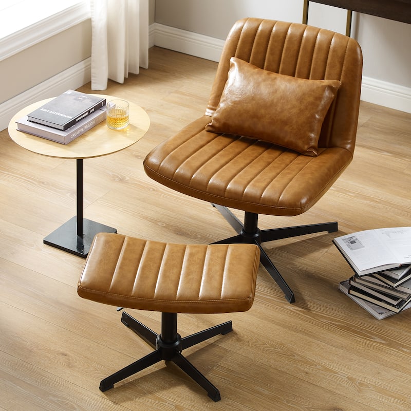 Art Leon Swivel and Adjustable Accent Chair with Ottoman - Faux Leather - Brown