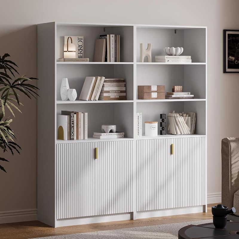 70.8 Inch Modern Display Cabinet Fluted Doors Gold Handle Bookcase Living Room Office