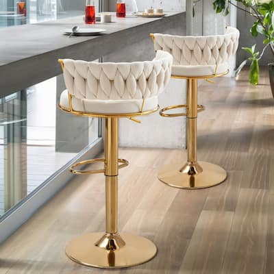 Javlergo Bar Stools Set of 2, Velvet Swivel Bar Stools, Adjustable Height Barstool with Woven Back & Footrest
