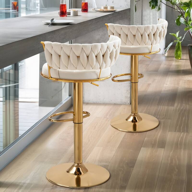 Javlergo Bar Stools Set of 4, Velvet Swivel Bar Stools, Adjustable Height Barstool with Woven Back & Footrest