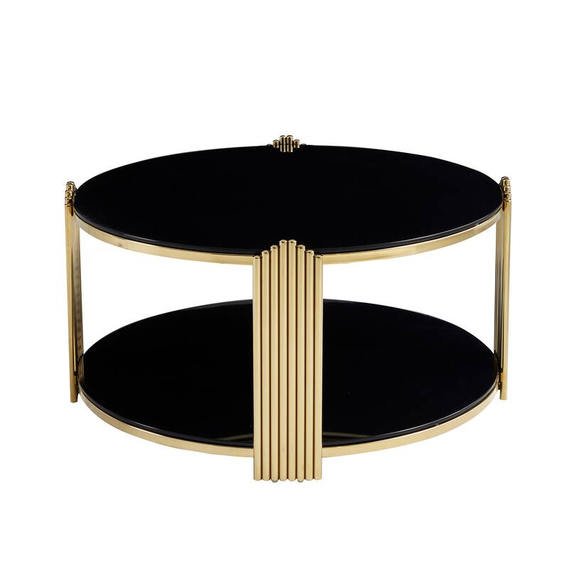 35" Modern Round Coffee Table with Double-Layer Black Glass & Gold Frame, Easy Assembly