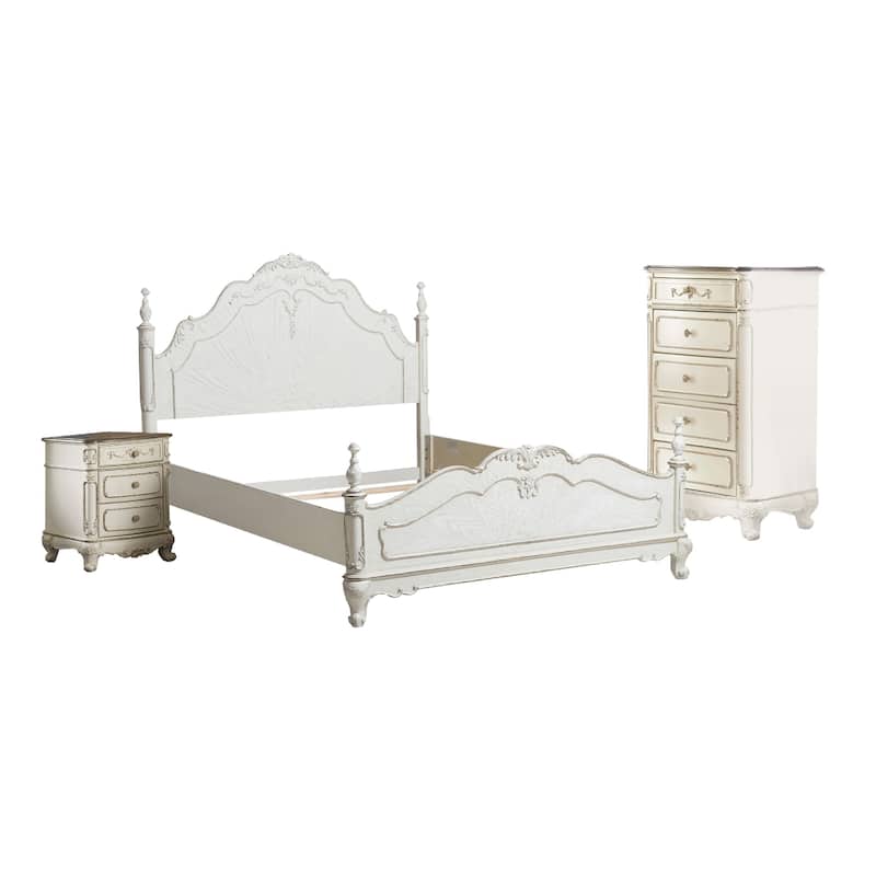 Prin 3 Pc Full Size Bedroom Set, Ornate Carvings, Antique White, Traditional