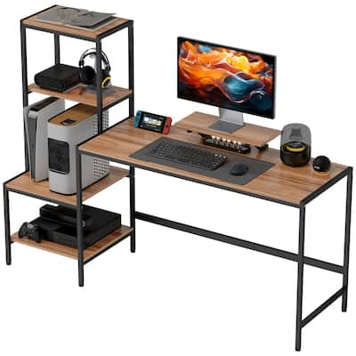 Computer Desk with Four Tier Storage Shelf and Monitor Stand Industrial Brown and Black Design Sturdy Home Office Workstation