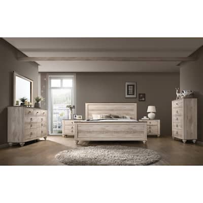 Imerland Contemporary White Wash Finish Bedroom 6-piece Set, Queen Bed, Dresser, Mirror, 2 Nightstands, Chest