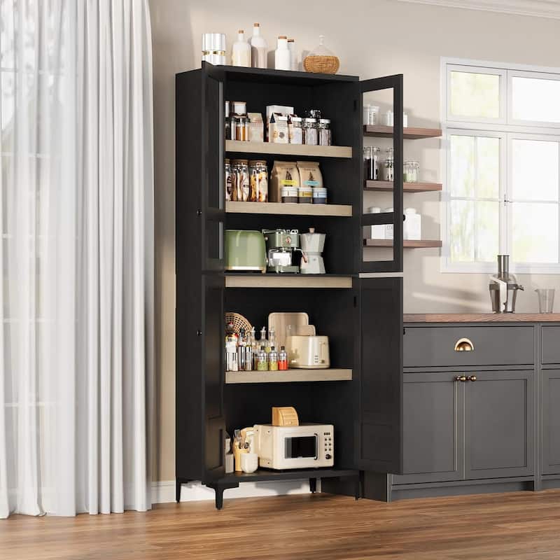 71 Inch Tall Storage Cabinet, 5 - Tier Kitchen Pantry Cabinet - Black+Glass