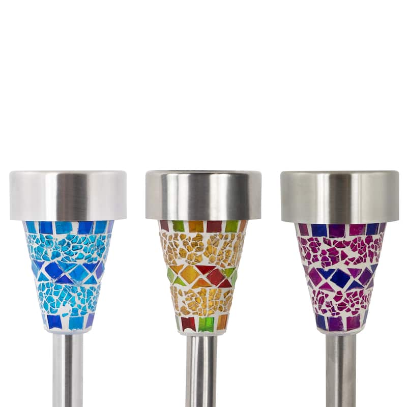 Set of 3 Mosaic Stained Glass Solar Powered LED Pathway Markers 15.5"