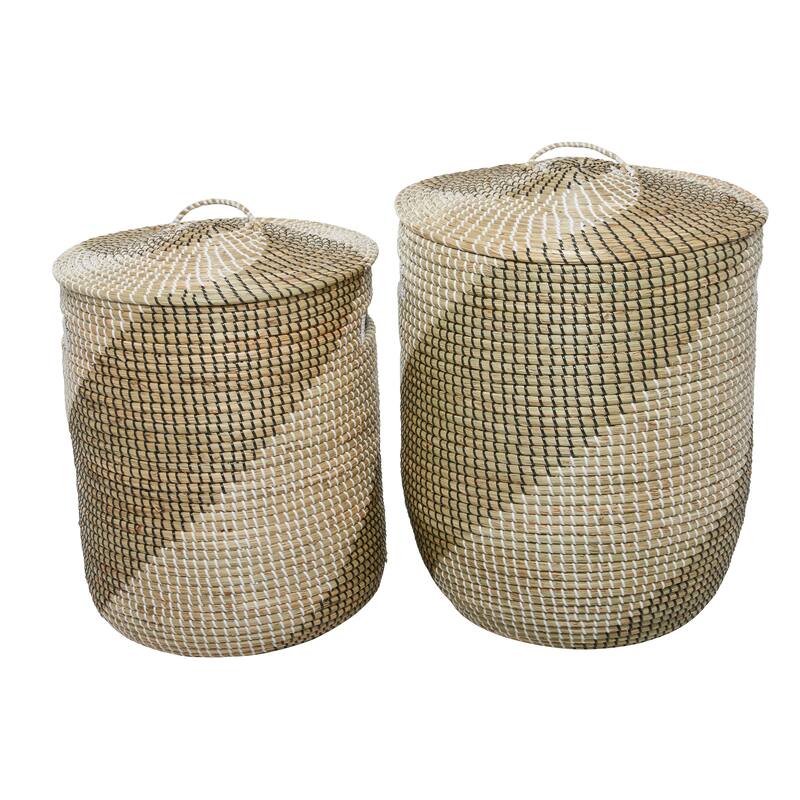 Brown Seagrass Handmade Two Toned Decorative and Functional Storage Basket with Matching Lids (Set of 2)