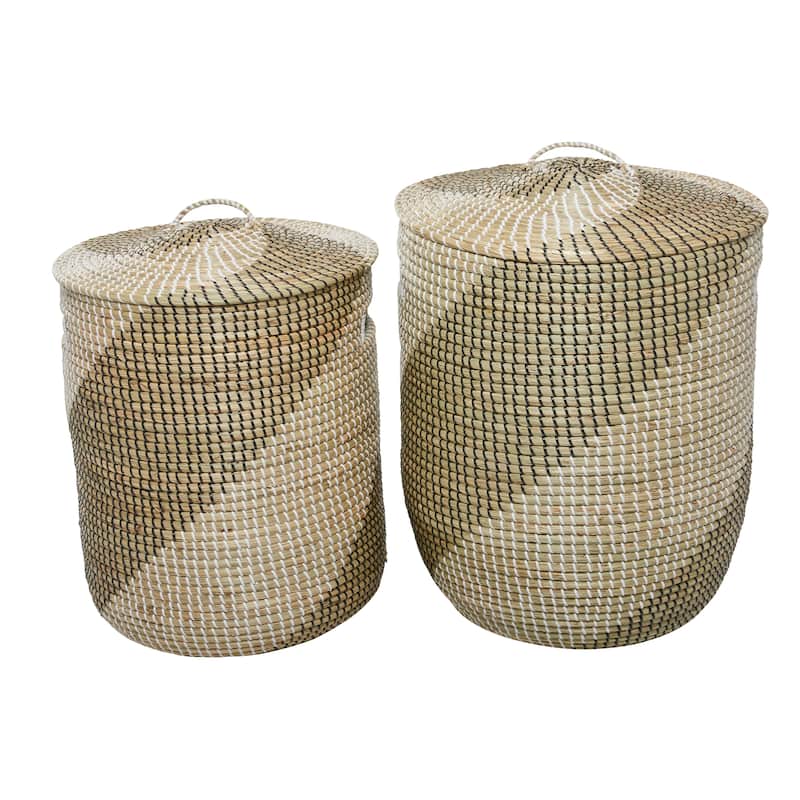 Seagrass Handmade Two Toned Storage Basket with Matching Lids - Set of 2 Brown - Roche River Decor - 18"W x 16"L x 24"H