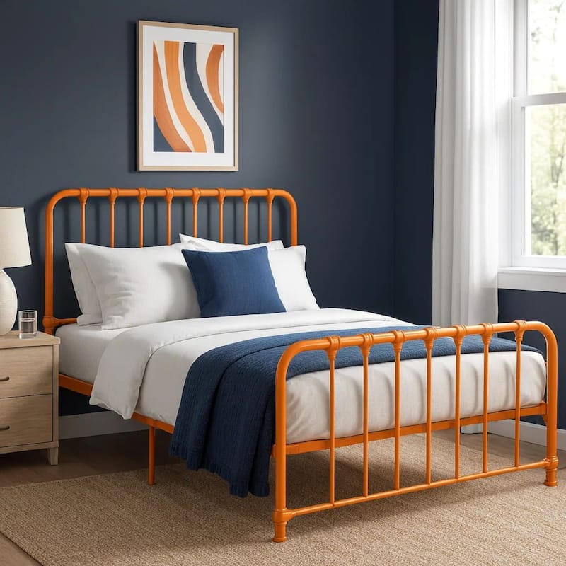 Ethan Full Size Metal Bed, Orange Spindle Design, Heavy Duty Slat Support