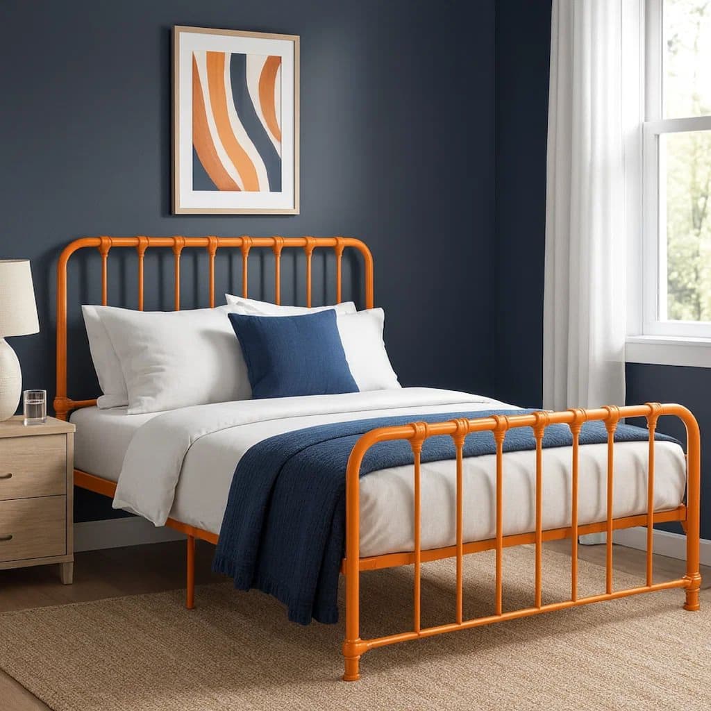 Ethan Full Size Metal Bed, Orange Spindle Design, Heavy Duty Slat Support