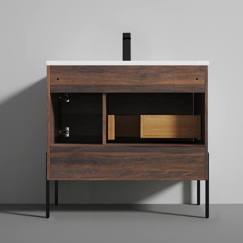 Freestanding Bathroom Vanity Set with Open Shelf & Topmounted Sink
