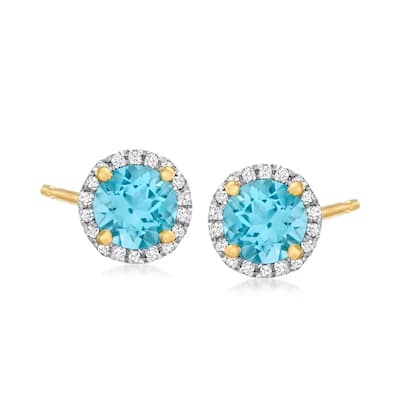 14k Yellow Gold Swiss Blue Topaz and Diamond Classic Princess Di Halo Stud Earrings