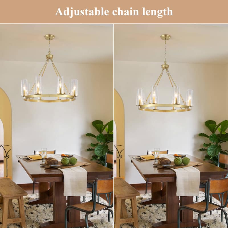 25.98inch 8-light Farmhouse Wagon Wheel Height Adjustable Chandelier With Glass Shade for Multiple Spaces