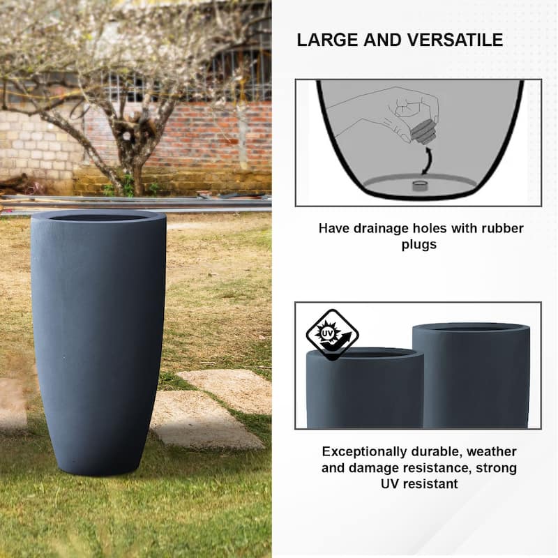 Kante 13.39 in. x 23.62 in. Round Charcoal Finish Lightweight Concrete and Fiberglass Indoor Outdoor (Set of 2)