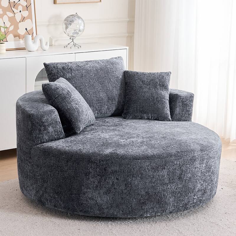 Round Accent Chair with High-Resilience Cushions, Swivel Chenille Barrel Chair, Fluffy Sleeper Lounge Chair
