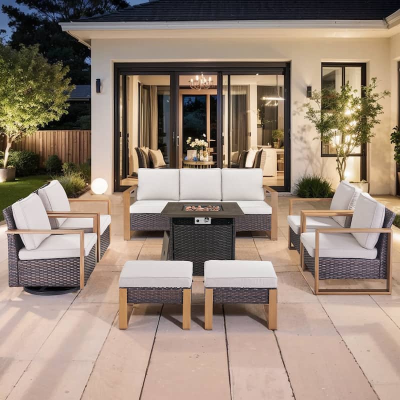 Pocassy Outdoor Fire Pit Conversation Set 3-Seat Sofa Chairs Patio Furniture Set - Brown Wicker Beige Cushion - 8-Piece Sofa Chair with Fire Table