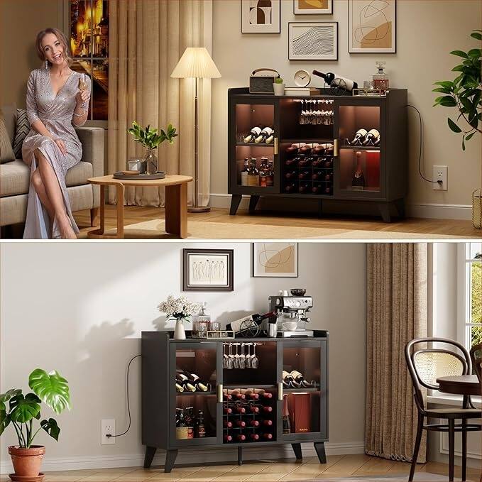 47" Industrial Wine Buffet with LED Lighting - BLACK