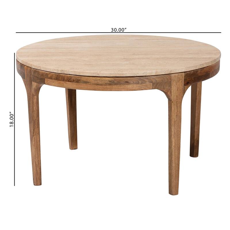 Prospero Round Travertine Coffee Table - Modern Accent Table with Mango Wood Frame for Living Room or Seating Areas