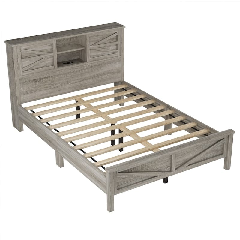 Farmhouse Queen Size Wood Platform Bed with Double Sliding Barn Door and USB Ports